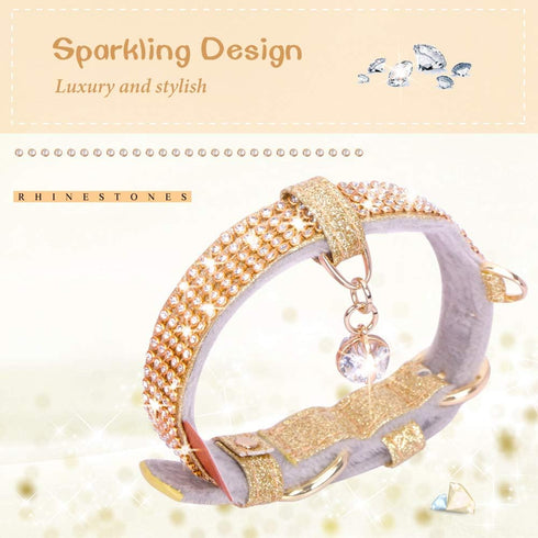 PetsHome Cat Collar, Dog Collar with Bling Rhinestones, Premium PU Leather Adjustable Collars for Medium Dogs (Gold)