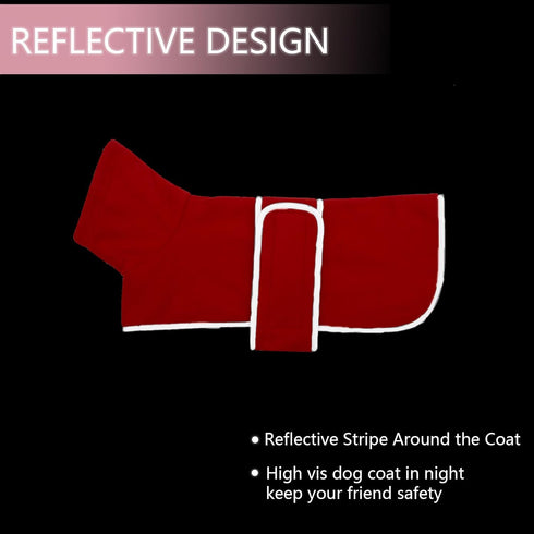 Dachshund Coats Red Fleece Coat for Miniature Sausage Dog with Hook and Loop Closure and Reflective Trim Safety - S