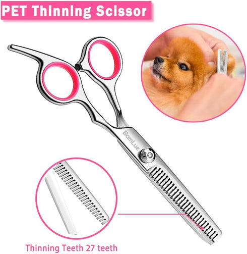 6 in 1 Professional Stainless Steel Dog Grooming Scissors, Anti-Rust Round Tip Shears for Cats, Pink Pet Kit