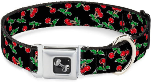 Buckle-Down 16-23" Cherries Scattered Black Dog Collar Bone, Wide (Medium)