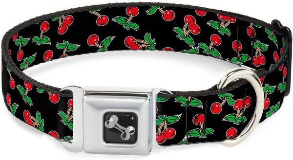 Buckle-Down 16-23" Cherries Scattered Black Dog Collar Bone, Wide (Medium)