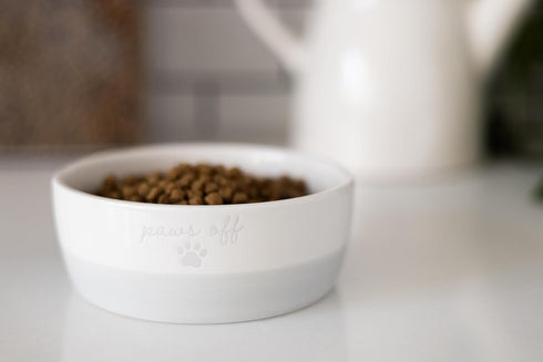 Pearhead Paws Off Ceramic Cat Bowl - Small Food and Water Bowl for Cats, Microwave & Dishwasher Safe