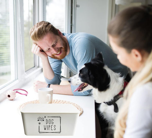 Woof Woof Dog Wipes Dispenser, Upgrade Size (8.2L x 4.9W x 3.9H inches), Dog Paw Butt Wipes Container Storage Box
