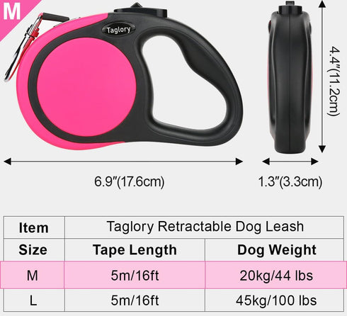 Taglory Retractable Dog Leash, 16ft for Small Medium Dogs up to 44 lbs, One-Handed Brake, Lock, Pink