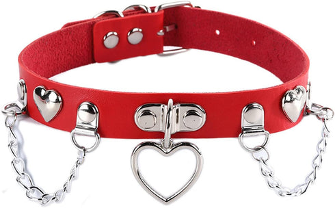 Red Leather Choker Collar with Chain Leash Set Adjustable Soft PU Heart Pendant Necklace for Women Ladies Pet Dogs Cats