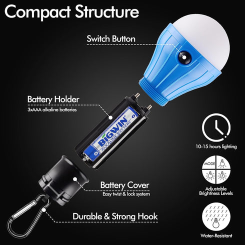 FLY2SKY Portable LED Tent Lamp, 4 Packs Blue Hook Hurricane Emergency Lights, Camping Tent Lanterns for Hiking