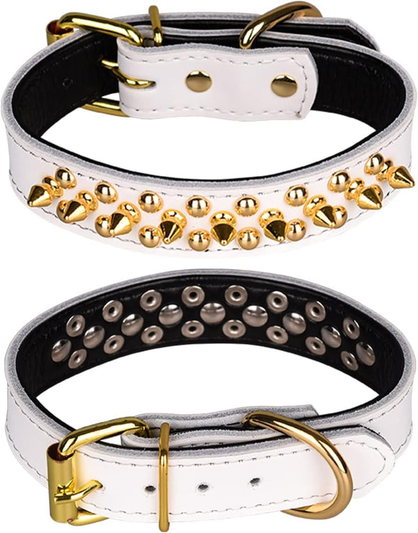 Spiked Studded Dog Collar, Genuine Leather Adjustable Pet Collars for Small or Medium Pets (M, White)