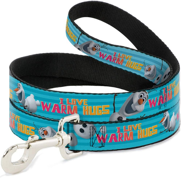 Buckle-Down Pet Leash - Olaf Pose I LOVE WARM HUGS Stripe Blues - 6 Feet Long - 1.5" Wide