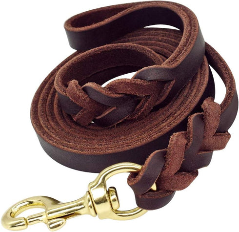Leather Dog Leash - Latigo Leather Brown Braided Training & Walking Leash - 4 ft by 5/8 in (120cm 1.6cm)