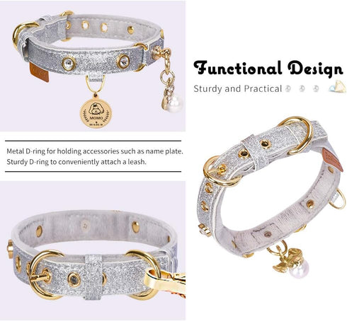 PetsHome Adjustable PU Leather Cat and Dog Collar with Bling Rhinestones, Luxury Pendant, Small Silvery for Big Cat and