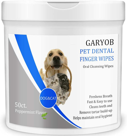 GARYOB Pet Dental Fingers Wipes, Oral Cleansing Teeth Wipes Pads for Dogs and Cats, 50 Pcs