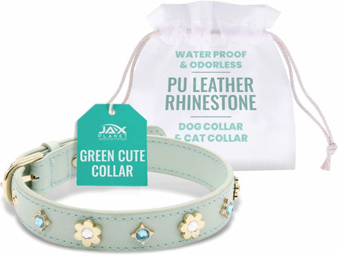 PU Leather Rhinestone Dog Collar, Bling Collar with Crystals and Flower Design for Small Dogs, Indoor & Outdoor Use