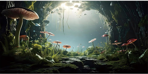 AWERT Aquarium Background, 24x12 inches Foggy Stone Mushroom Moss Polyester Background for Fish Tank Decor