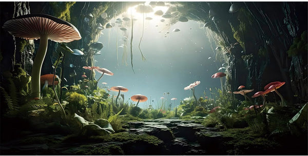 AWERT Aquarium Background, 24x12 inches Foggy Stone Mushroom Moss Polyester Background for Fish Tank Decor