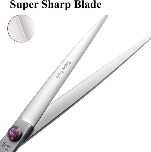 Fenice Peak 7'' Straight Dog Grooming Scissors - Purple Finger Rings, 440C Stainless Steel Pet Trimming Shears