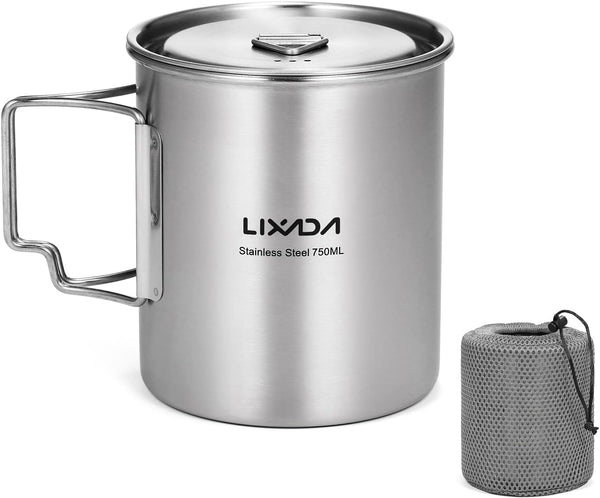 LIXADA 750ml Stainless Steel Camping Cup Pot with Foldable Handles and Lid