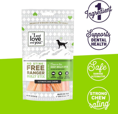 100% 6-Inch, Pack 5 I and love and you Free Ranger No Stink! Natural Grain Free Bully Stix - Low Odor, Beef Pizzle