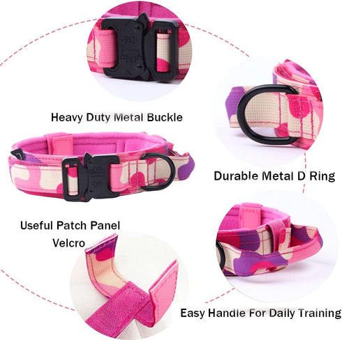 Tactical Dog Collar, Military Adjustable Nylon Dog Collar with Heavy Duty Metal Buckle (Pink Camo, M)