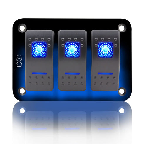 FXC Rocker Switch Aluminum Panel, 3 Gang Toggle Switches Dash, 5 Pin ON/Off, 2 LED Backlit for Boat Car Marine Blue