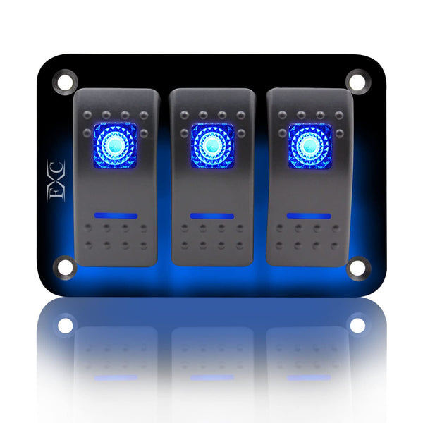 FXC Rocker Switch Aluminum Panel, 3 Gang Toggle Switches Dash, 5 Pin ON/Off, 2 LED Backlit for Boat Car Marine Blue