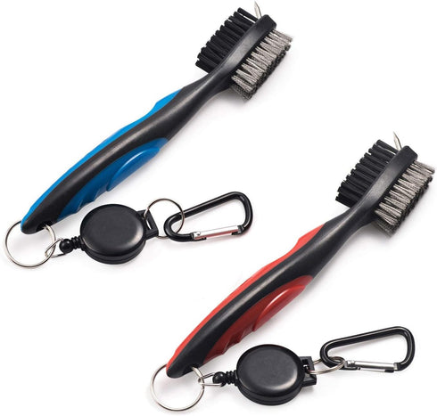 Pack of 2 Golf Club Brush Groove Cleaner, Retractable Zip-line and Aluminum Carabiner Cleaning Tools