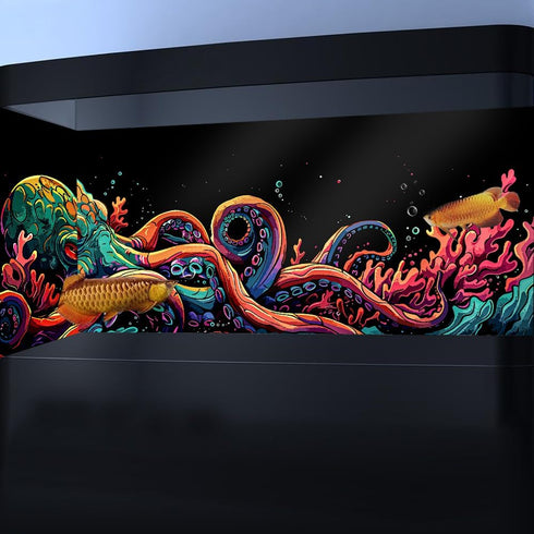24X12IN Blacklight Octopus Sea Monster HD 3D Background, UV Reactive Aquarium Background with 10 EVA Double-Sided Tape.