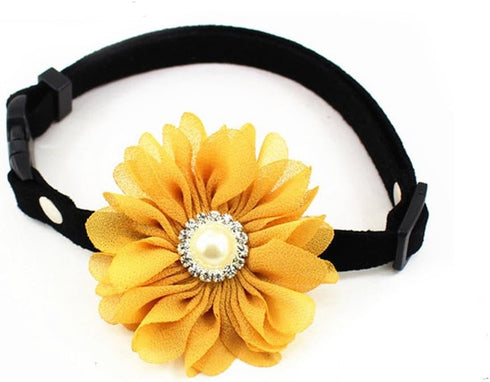 Designer Rhinestones Daisy Flower Charm Suede Leather Pet Collar with Pearl for Extra Small Dogs, Yellow, Size M