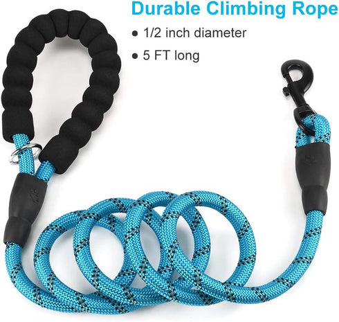 2 Pack Dog Leash 5 FT Heavy Duty Nylon Rope with Comfortable Padded Handle, Sturdy Reflective Threads for Medium Large