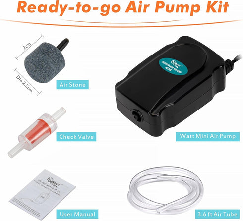 hygger Mini Air Pump Kit for 5-20 Gallon Fish Tank, 1W Small Fish Bowl with Air Tube and Bubbler Stone