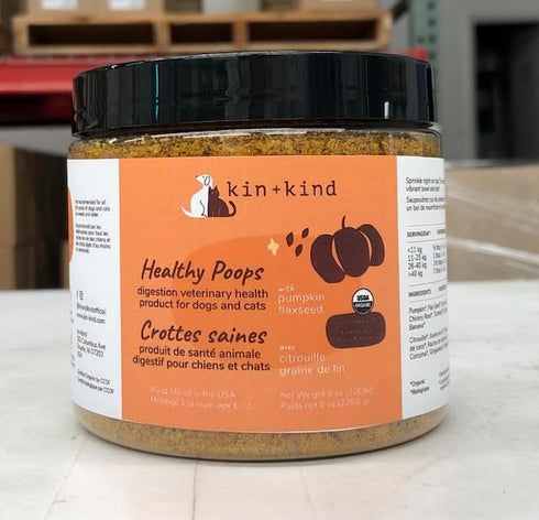 kin+kind Organic Pumpkin Powder for Dogs & Cats, Natural Formula with Flax Seed, Ginger, Turmeric, Coconut - 8oz