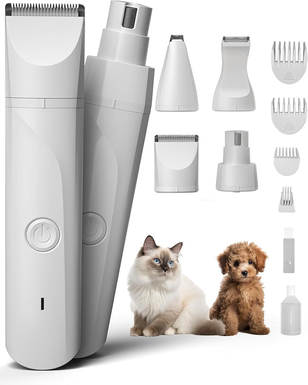 Small Dog Electric Clippers for Grooming - 4 in 1 Cordless Low Noise Paw Trimmer Nail Grinder Shaver for Small Pets