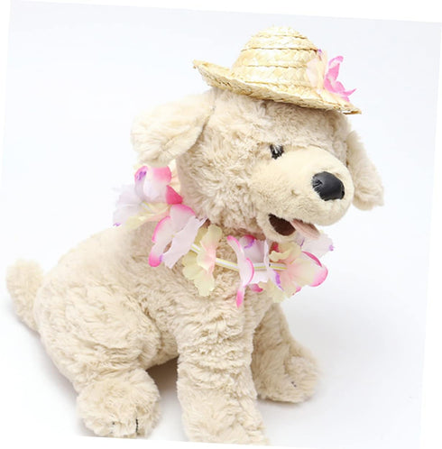 1 Set Mini Straw Hat and Flower Headband for Pets, Cat Floral Headpiece, Hawaiian Dog Hat, Puppy Grooming Accessories