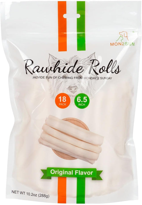 MON2SUN Dog Rawhide Rolls Twist Sticks, 6.5 Inch Natural Flavor Chews, 18 Count for Puppies and Small Dogs