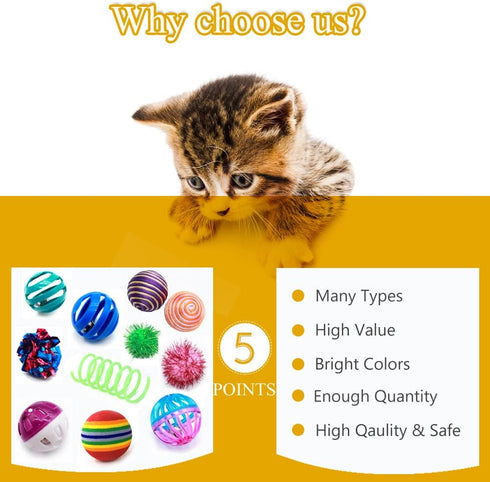 30 Pack LASOCUHOO Cat Toys Kitten Assortment - Rainbow, Crinkle, Sparkle, Bell & Sisal Balls for All Cats