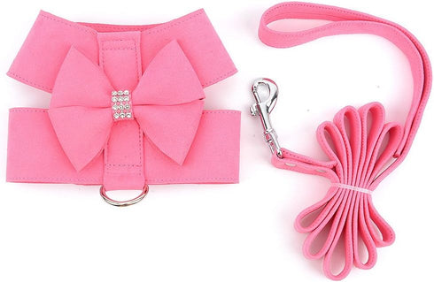 SELMAI Small Pet Dog Cat Bling Rhinestone Harness and Leash Set - Bow Girls Soft Ultra Suede Leather, Adjustable/No Pull