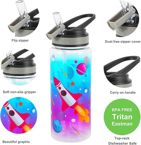 Home Tune 23oz Kids Water Bottle for School, BPA FREE, Leak Proof Flip Straw, Easy Clean - Rocket