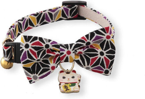 Necoichi Lucky Cat Charm Bow Tie Cat Collar (Black) with Bell, Safety Breakaway Soft Lightweight for Cats, Japanese