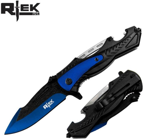 Rtek 5" Tactical Bottle Opener - Glass Break Easy Open Stainless Steel Pocket Folding Knife (Blue)