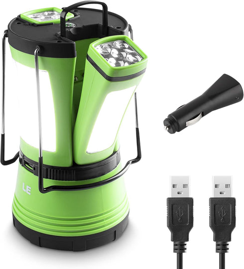 LE LED Camping Lantern Rechargeable, 600LM, Detachable Flashlight, USB Cable & Car Charger Included