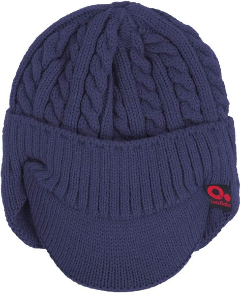 Winter Ear Warmer Billed Visor Beanie with Ear Flaps, Knitted Brimmed Trapper Hat