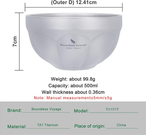 500ml Ti1171T Boundless Voyage Titanium Double Walled Camping Bowls Rice Soup Oatmeal Yogurt Serving Bowl Ultralight