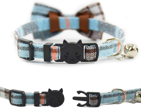 Cat Collar Breakaway with Bell and Bow Tie - Set of 2 PCS Adjustable Safety Plaid Design Collars (Green & Light Blue