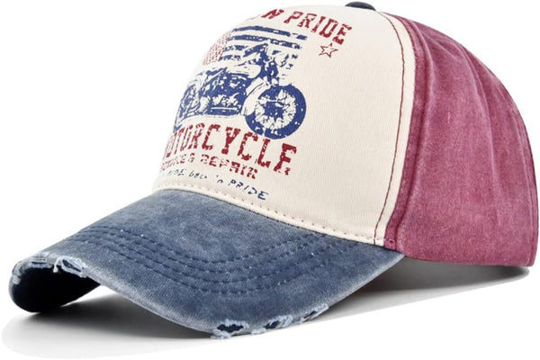 Vintage Baseball Cap, 100% Cotton Washed Denim Trucker Cap with Motorcycle Print for Outdoor Sun