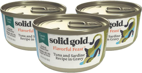 Solid Gold Wet Cat Food Pate, Flavorful Feast, 3 Count Sample Pack, Grain Free Cat Food with Real Tuna & Sardine