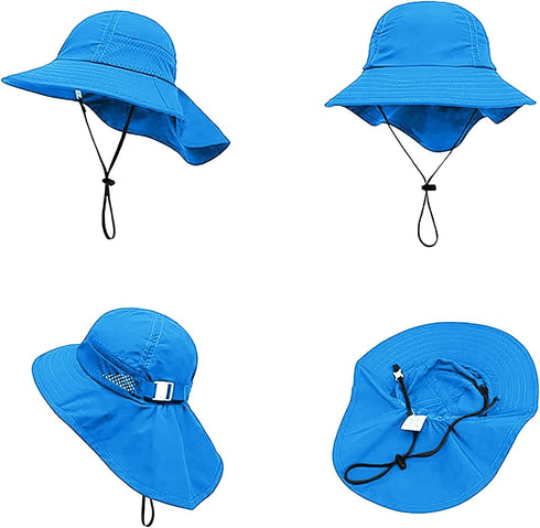 YOLAI Summer (BU1, Mesh Breathable Sun Hat Outdoor Large Brim Cape Children's Sunscreen Visors Cap with Strings S)