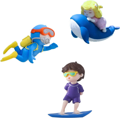 3 Pack Floating Fish Tank Decorations, Cute Little Diver, Surfer Boy, Whale-Riding Girl for Aquarium Decor