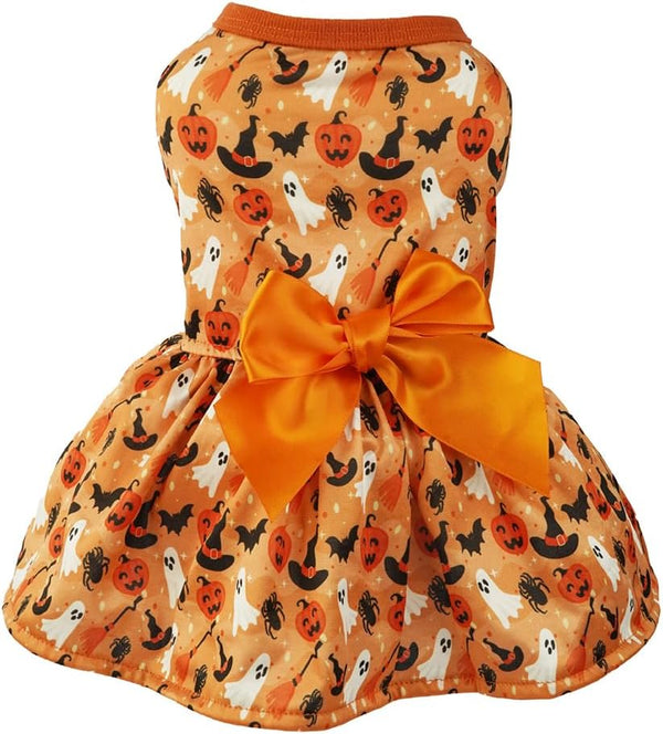 ANIAC Halloween Puppy Dress for Small Dogs, Pumpkin Ghost Cat Costumes with Orange Bow Tie (Large, Orange)