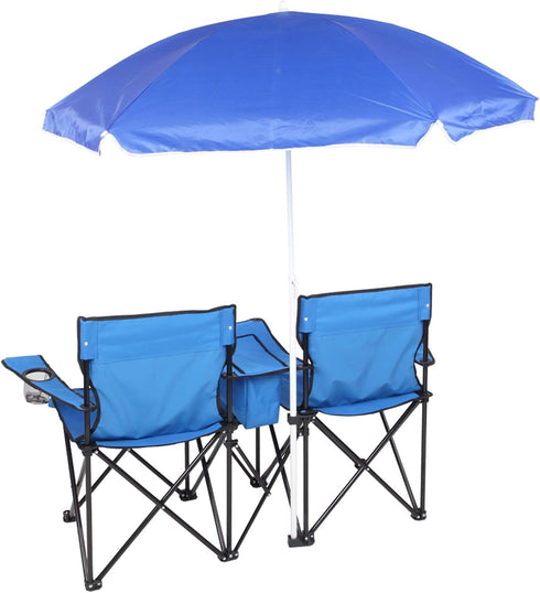 Kcelarec Double Portable Picnic Chair Folding Camping Chair W/Umbrella Table Carrying Bag Cooler Fold Up Table