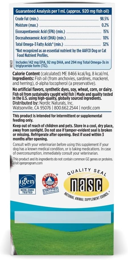 Omega-3 2 oz 294 Omega-3 mL Immune Nordic Naturals Pet, Unflavored - - mg Per One - Fish Oil for Small Dogs & Cats