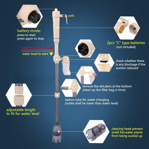 Aquarium Electric Water Changer - Battery Powered Sand Gravel Washing Device for Fish Siphon Water Change